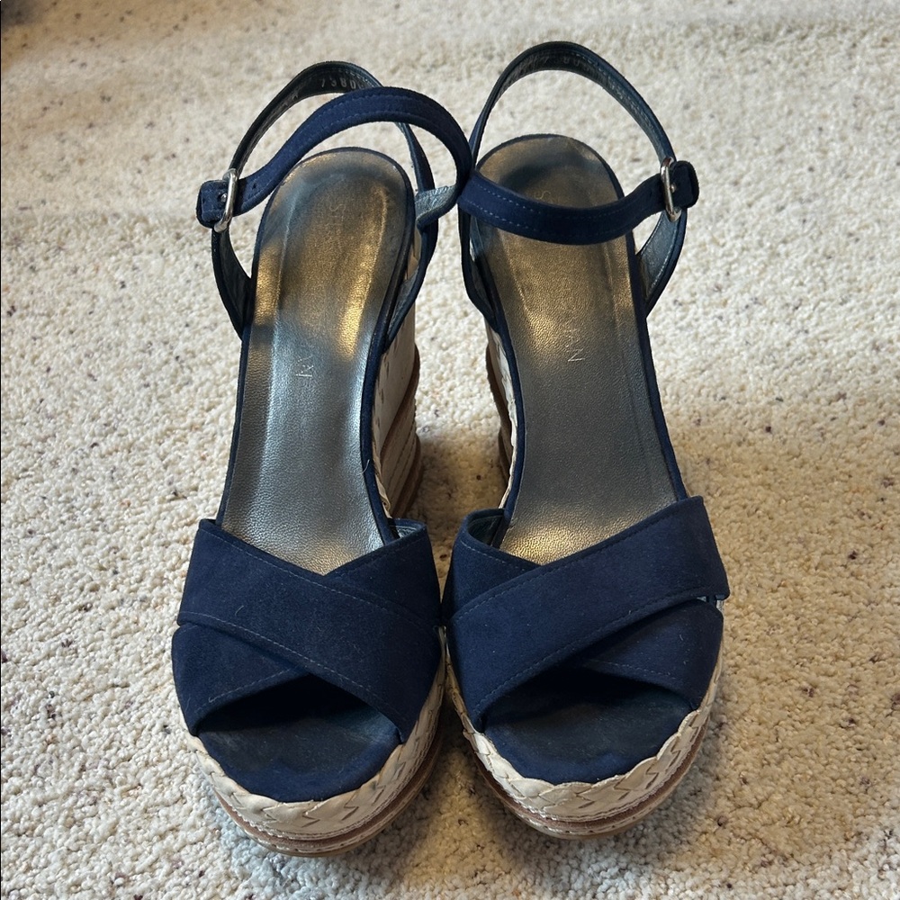 Stuart Weitzman Navy Blue Espadrille Wedge Sandals